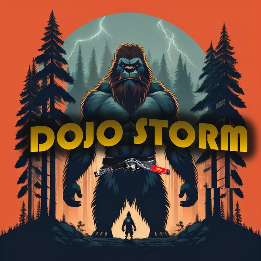 Dojo Storm — a Sasquatch in a jiu-jitsu belt beneath a storm